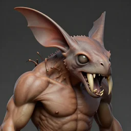 muscular body, isopod, chiroptera head, chiroptera ears, big sharp teeth, hyperrealism, artstation, cgsociety, zbrush, no background