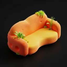 black background with an isometric red orange yellow sofa with an unusual organic design based on alien bioluminescent nature aesthetic, it has plants growing onto it and is made out of rocks and glowy crystals in a hyper - detailed design, the sofa is an asset for a mobile game. low poly full black background, behance masterpiece
