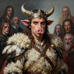 a hyper detailed painting of joaquin phoenix with a viking crown, cow horns, pig nose, sheep wool, chicken feather armor, horror, by anna podedworna, by miklos ligeti, by diego maricato, by taran fiddler, by antonino truisi, by chris reddie, by jinsung lim, trending on artstation