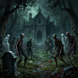 A dark and haunted graveyard with ghost and zombies in the style of Keith Thompson, christopher bretz and kael ngu and Zdzislaw Beksinski, Artstation HD, 8k, Surrealistic digital artwork, highly detailed, digital painting, HDRI, vivid colors, high contrast, 8k resolution, intricate, photorealistic, smooth