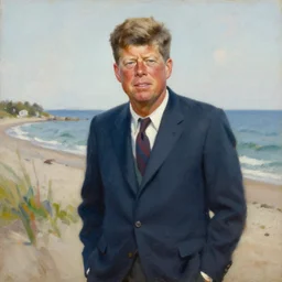 long portrait of john f kennedy, old and retired on nantucket beach, oil on canvas by william sidney mount - 1 9 8 2, trending on artstation