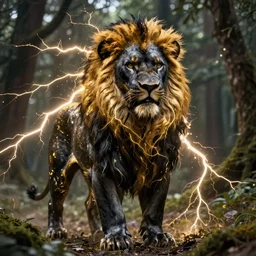 black lion god with fur from gold lightnings surrounded by epic forest, epic cinematic shot, sharp focus, hyperdetails, concept art,  artstation, cgsociety, 8k, by magali villeneuve and raphael lacoste