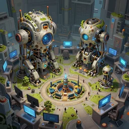 an intricate concept art, illustration, fantasy micro - world inside a computer room, no people, large mechanical biomes, ultra photorealistic, ultra sharp, pinterest, artstation, cgsociety, pinterest, digital art, anime colors, style by wlop, hyperrealistic, octane render, 8 k