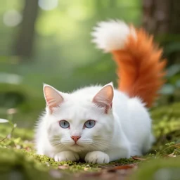 white little cat head with red fox tail laying at sunny forest, smooth
