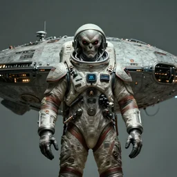 biblical Chtulhu wearing a spacesuit in front of their spaceship, second coming, centered, portrait by Greg Hildebrandt, studio lighting, muted colors, by Terry Richardson, by Leonardo DaVinci, by Stanley Kubrick, ultrarelistic, extreme detail, caustics, trending on Artstation, 8K, octane renderer, rtx on