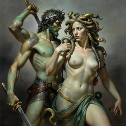 detailed illustration of perseus vs medusa, hyper detailed, realistic, artwork by larry elmore, cinematic lighting