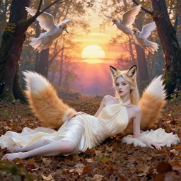 portrait, stylishwoman with fox tails, ivory pale skin, luxurious dress, halter neck, laying in spring leaves, in a magical forest, sunset!!, angels flying in the background, vibrant, hyperrealism, fantasy, cre - pu - sc - ular rays, by k - ren - z cush - art and charlie bo - water, w - lop, art - ger - m