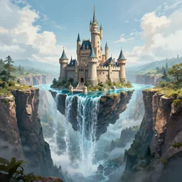 a castle floating above a canyon full of water that's falling off the edge of the earth, digital art