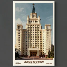 [Poster! of a soviet in a stunning brutalism by Giorgio de Chirico, Rene Magritte, George Tooker, Titian]