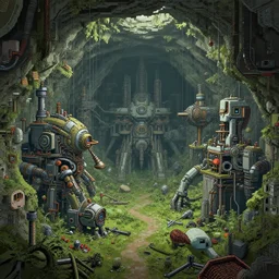 overgrown dystopian mechanical cave system, by Joar Jakobsson, detailed, pixelated, mechanical, complicated, dystopia, 4K