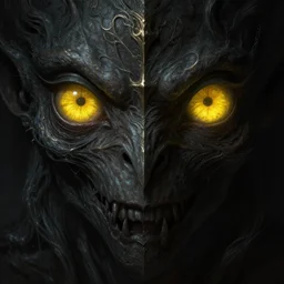 epic masterpiece of cinematographic hyperrealism where a two large yellow eyes peer from the darkness, chimera, horror, ominous, beast, horror movie deep focus, d & d, fantasy, intricate, elegant, highly detailed, digital painting, artstation, concept art, matte, sharp focus, illustration, hearthstone, art by artgerm and greg rutkowski and alphonse mucha