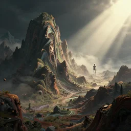 a fractal psychedelic mountain reaching from a void and dissolving, a single machine elf in the distance, the fabric of reality poking through the edges, geometric vignette, magical clearing, sunshafts, dramatic lighting, dust motes floating in the sunlight, psychedelic 4 k concept art