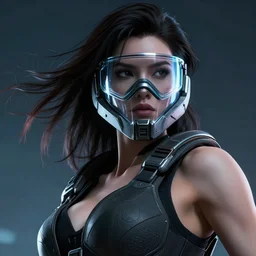 low angle closeup beautiful mass effect soldier very very seductive megan wearing a glass face mask, action glamour pose, windblown dark hair, hyper detailed, digital art, studio lighting, smooth, ambient volumetric lighting, sharp focus, frank miller, wlop, anna dittmann, alphonse mucha, patrick nagle!!, rim lighting, synthwave
