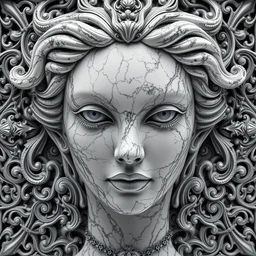 marble goddess face, intricate, detailed, 4 k, octane render, black and white, intricate background