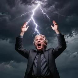 photograph of geert wilders standing, raising both hands and emitting lightning, shouting, crazy eyes, atmospheric lighting, dark clouds, sinister, by joel meyerowitz, by saul leiter