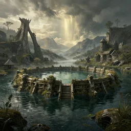 swamp with crannog, game of thrones, volumetric lighting, fantasy artwork, very beautiful scenery, very realistic painting effect, hd, hdr, cinematic 4 k wallpaper, 8 k, ultra detailed, high resolution, artstation