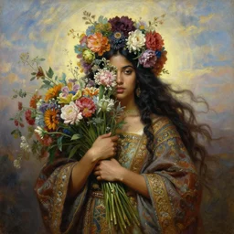 portrait oil painting, a beautiful young dark woman, floral headdress, flowers, hiding, confident, holding a bouquet of flowers, long flowing hair, ornate robe, ultra realistic, wide angle, intricate details, artifacts, luminous skies, highly detailed, michael cheval, peter mohrbacher, boris vallejo, jessica rossier, oil painting, highly detailed, cinematic lighting