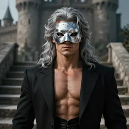 portrait painting of a 3 0 years old rugged masculine muscular male, wearing a silver melt mask, silver wavy long hair, black suit, background is castle and steps unreal render cinematic lighting art 1 9 2 0 period drama by bussiere rutkowski andreas rocha