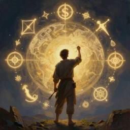 an epic painting of an artist, surrounded by glowing symbols holding tassel and drawing outlines of the new world, 3 / 4 right rear view, fantasy background, mystic, mysterious, oil on canvas, symmetric, perfect composition, golden ratio, digital painting, concept art, smooth, sharp focus, illustration, artstation trending, octane render, unreal engine, hd, 8 k, highly detailed