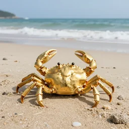 A photo of a horseshoe crab made of gold in the beach