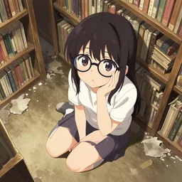 cute japanese demon girl with glasses, sitting on the ground and looking up, covering half her face with one hand, in a ravaged library, overhead view, detailed digital artwork by Yoji Shinkawa and Takehito Harada and Hiroshi Yoshida