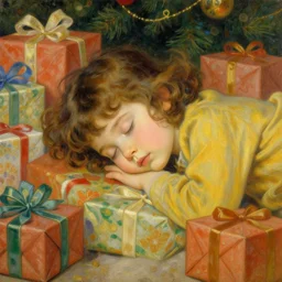three year old girl with short wavy curly hair, asleep at christmas. surrounded by gifts. high quality detailed face. beautiful painting by artgerm and greg rutkowski and alphonse mucha