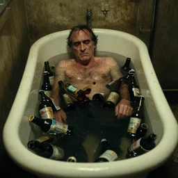 the top shot of the old dirty bathroom with depressive old wrinkled drunkard ( ( joaquin phoenix ) ) lying in old cast iron bath filled with many empty beer bottles in the water, cinematography of christopher doyle, dark old dirty room, anamorphic, kodak film, sharp focus, realistic, 8 k