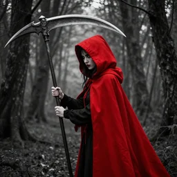 Red Riding Hood wielding a large scythe in a grim forest, black and white background, bright red hood