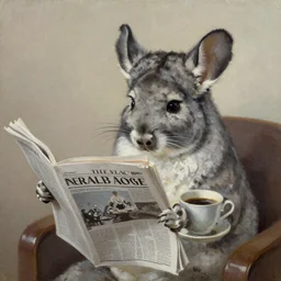 chinchilla reading a newspaper with a cup of coffee in one hand. oil painting