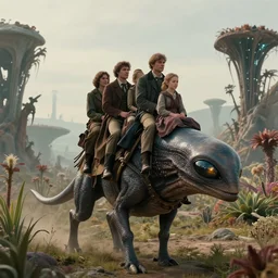 sharp, highly detailed, film from a 2 0 1 9 sci fi 8 k movie, set in 1 8 6 0, human family riding on the back of an alien creature, across an alien landscape of strange wild alien plants, 1 8 5 0 s era clothes, atmospheric lighting, in focus, reflective eyes, 3 5 mm macro lens, live action, nice composition