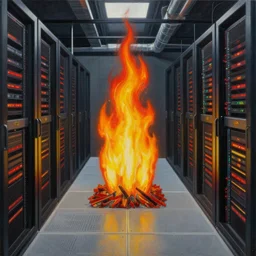 a painting by Wayne Thiebaud inside of a high end data center on fire by Wayne Thiebaud