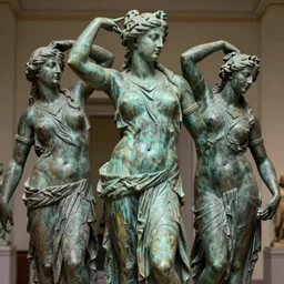 detailed photo of an old bronze patina statue of most beautiful woman, full body portrait, various seducing pose, aphrodite, venus, photorealism, intricate detail, museum diffuse lighting