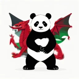 vector art of panda with welsh dragon wings and tail, intercrossed, chimera, welsh flag, adobe illustrator