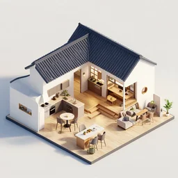 photorealistic isometric view of a kitchen and open plan living room inside a large house