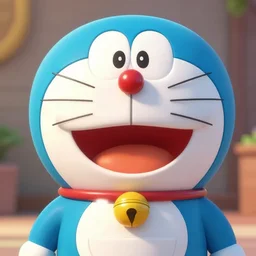 obese round anime robotic blue cat with red nose and big eyes, big open smile, cute, doraemon. by tooth wu, wlop, beeple, dan mumford. octane render, trending on artstation, very coherent symmetrical artwork. cinematic, hyper realism, high