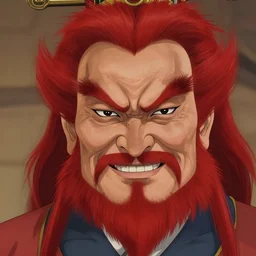 ancient emperor with a wrinkled face, red wolverine hair, mutton chops, a pointy red beard, a large nose, eyebrows curved into a sinister expression and an evil grin on his face