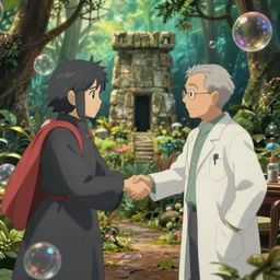 hyperrealist interior shot from howls moving castle ( 2 0 0 4 ) of a grey monk shaking hands with a scientist. jungle stonehenge. bubble. cartoon depth of field.