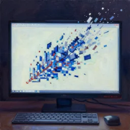 pixels flying out of a computer screen. trending on artstation. oil painting. dynamic.