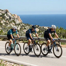 3 friends on professional road bycycles riding in the mountains of Mallorca, sea in the background, 4k