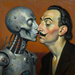 Oil painting by Roberto Matta. Strange mechanical beings kissing. Close-up portrait by Lisa Yuskavage. Dali.