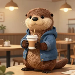 anthropomorphic furry otter wearing cool clothes in a coffee shop, trending on art station, furaffinity, don bluth