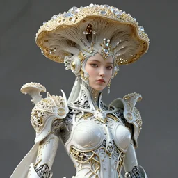 intricate hyper detailed ultra sharp 3 d render of a beautiful porcelain cyberpunk woman portrait, medium shot portrait, beautiful natural light, unity of mood, white silver armor, haute couture huge fractal gold mycelum and crystal pore fungi embroidered head ornaments, alexandre ferra mecha, leaves stems filigree roots, art nouveau, subsurface scatter lumiol, octane render, volumetric cinematic lighting, 8 k, vray tracing