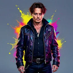 johnny depp cyberpunk jacket splash art graphic design color splash high contrasting art, fantasy, highly detailed, art by greg rutkowski