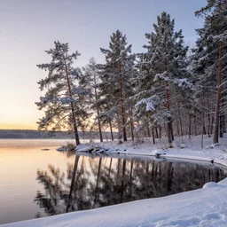 landscape photography of pine trees covered in snow on the shore of a lake, sunrise, beautiful, reflections, michal karcz