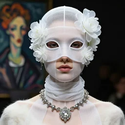 a futuristic portrait by mask made of wires and white gauzes and plastic flowers, white fur fir necklace made by gauzes twisted around neck, design by leonardo davinci, inspired by egon schiele, balenciaga, modern art, baroque art jewelry, new classic, fashion design, photorealistic, hyper realistic, cinematic composition, cinematic lighting, fashion design, concept art, 8 k -