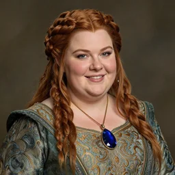 portrait, beautiful dwarven lady wearing an elegant brocade dress and an ametrine pendant, by greg staples, thomas kinkade, jeff easley, dungeons and dragons, lord of the rings, intricate, ultra realistic, cheerful, complex braided hair, chubby and plump, big nose, sharp focus, highly detailed, soft lighting