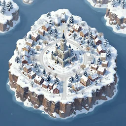 small winter town of a top down game, one central castle, on an island with cliffs, no ui