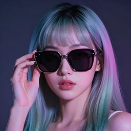 portrait art of an beautiful muted vaporwave ombre retrofuturistic woman wearing oversized sleek euro sunglasses by ken kaneki 8 k ultra realistic, atmosphere, glow, cell shaded, full of colour, cinematic lighting, trending on artstation, 4 k, focused, extreme details, unreal engine 5, rtx, by patrick nagel, bold clean lines