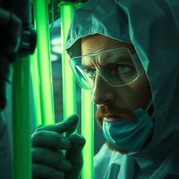 scientist, close up, in middle of frame, they look at us, glowing green tubes, insanity!!!, disdain, highly detailed, digital painting, artstation, concept art, smooth, sharp focus, illustration, art by artgerm and greg rutkowski and alphonse mucha
