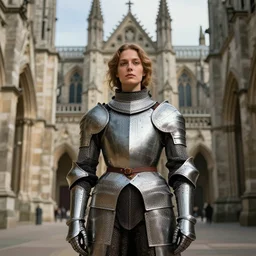 portrait of a woman!!!! knight!!, 15th century!! gothic!!!!! medieval cathedral behind her-H 768